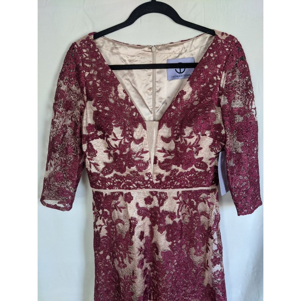 JS Collection Floral Embroidered Lace Gown 6 Wine Red/Rose - Picture 4 of 11